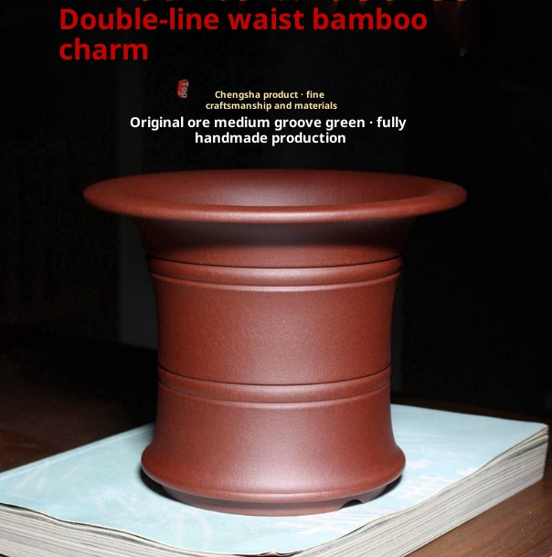 Exquisite Double-Lined Bamboo-Shaped Orchid Pot with Optional Tray - Purple Clay