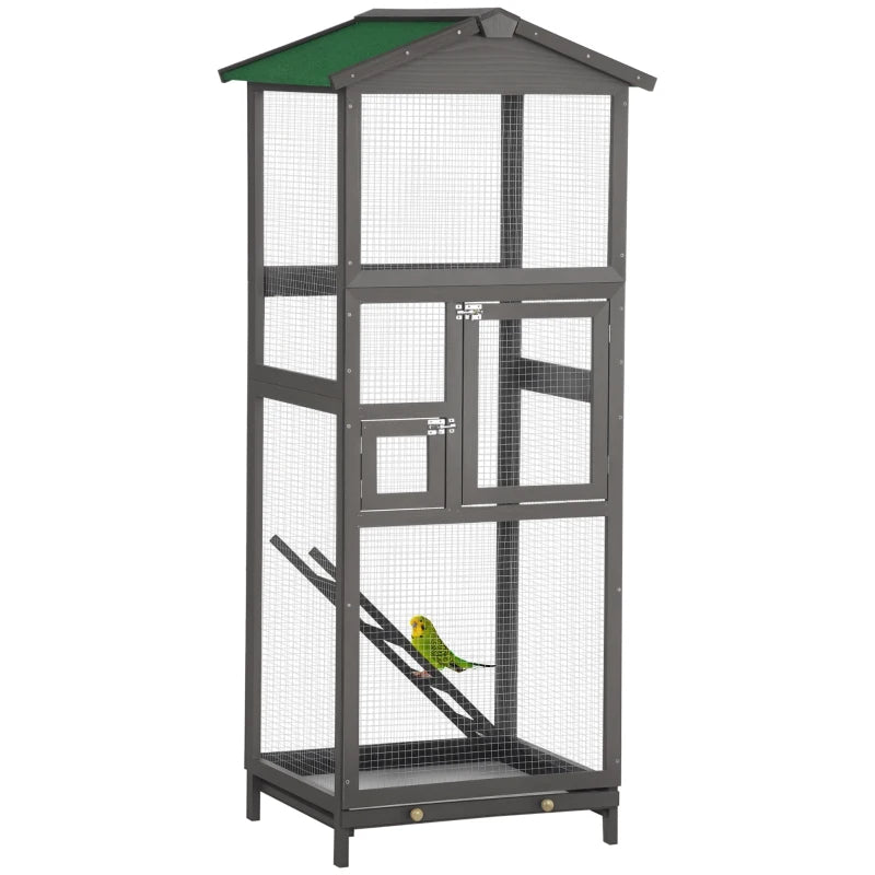 Outdoor Wooden Bird Cage for Parrots and Small Birds with Pull-Out Tray - Grey & Green