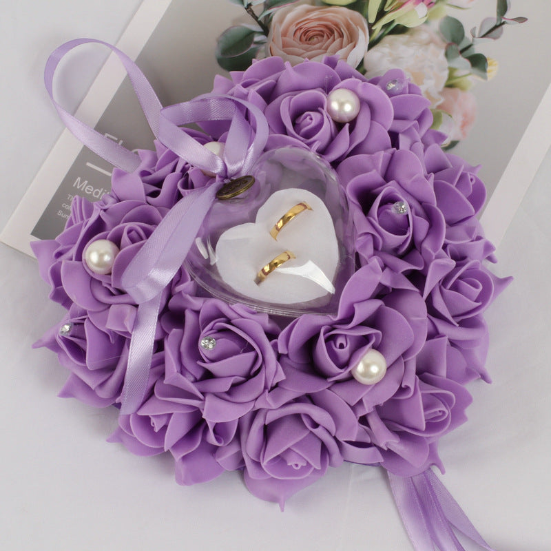 Wedding Pearl Ring Pillow with PE Foam Rose for Bridal Ceremony