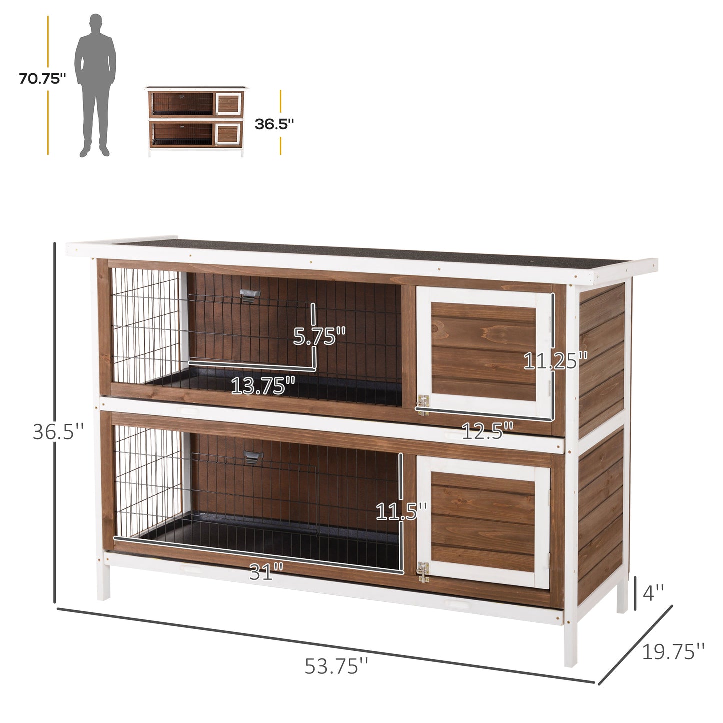 Wooden Rabbit Hutch with Dividers and Asphalt Roof - Small Animal Cage
