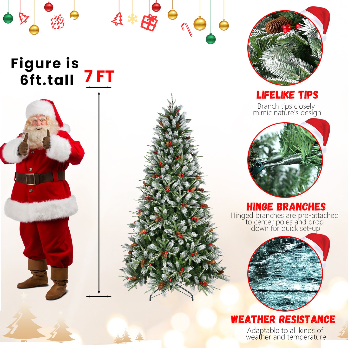 Artificial Christmas Tree with Red Fruits & Pine Cones - Multiple Heights