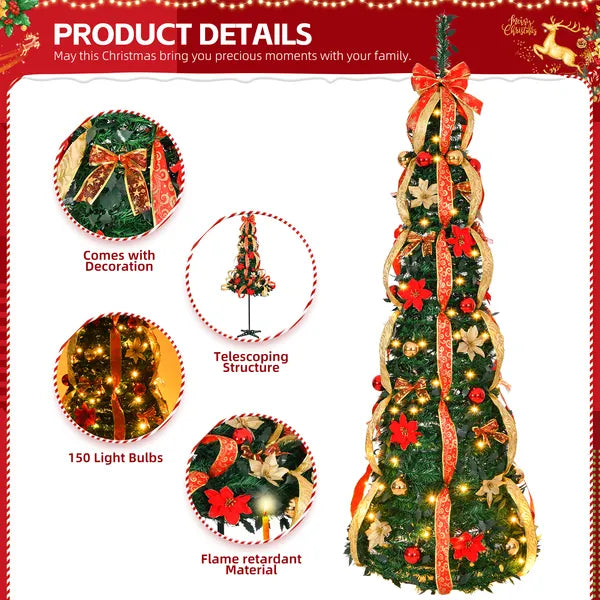 6 FT Pre-Lit Christmas Tree - Fully Decorated with 150 Warm Lights