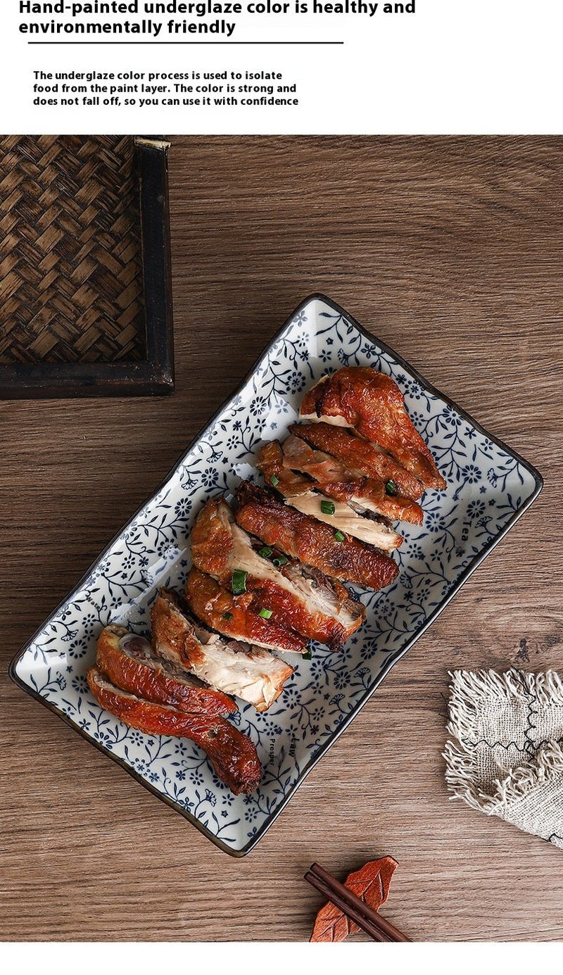 Ceramic Rectangular Plate Set - Antique Under-Glaze Dinnerware for Kitchen
