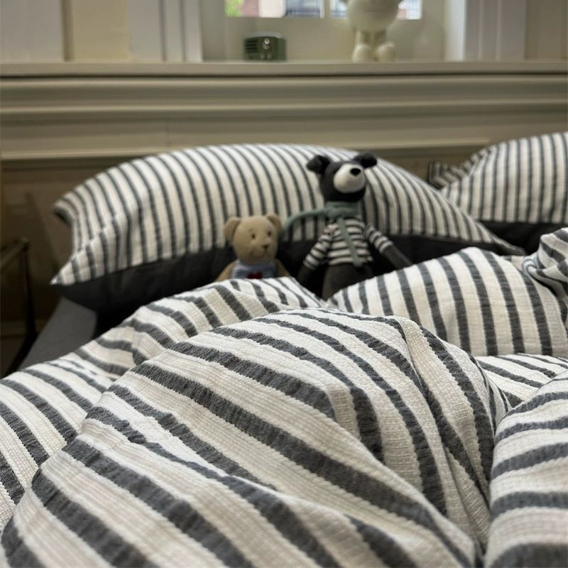 Korean-Style Striped Puffy Duvet Cover Bedding Set - All Sizes & Colors