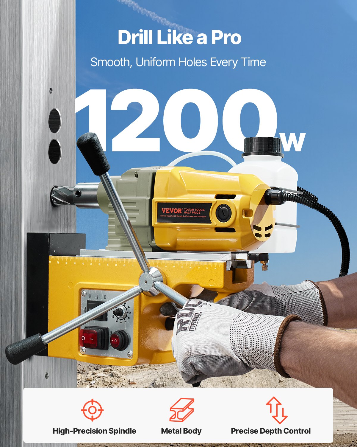 1200W Magnetic Drilling Machine with 1.6 Inch Boring Diameter - Yellow Power Tool