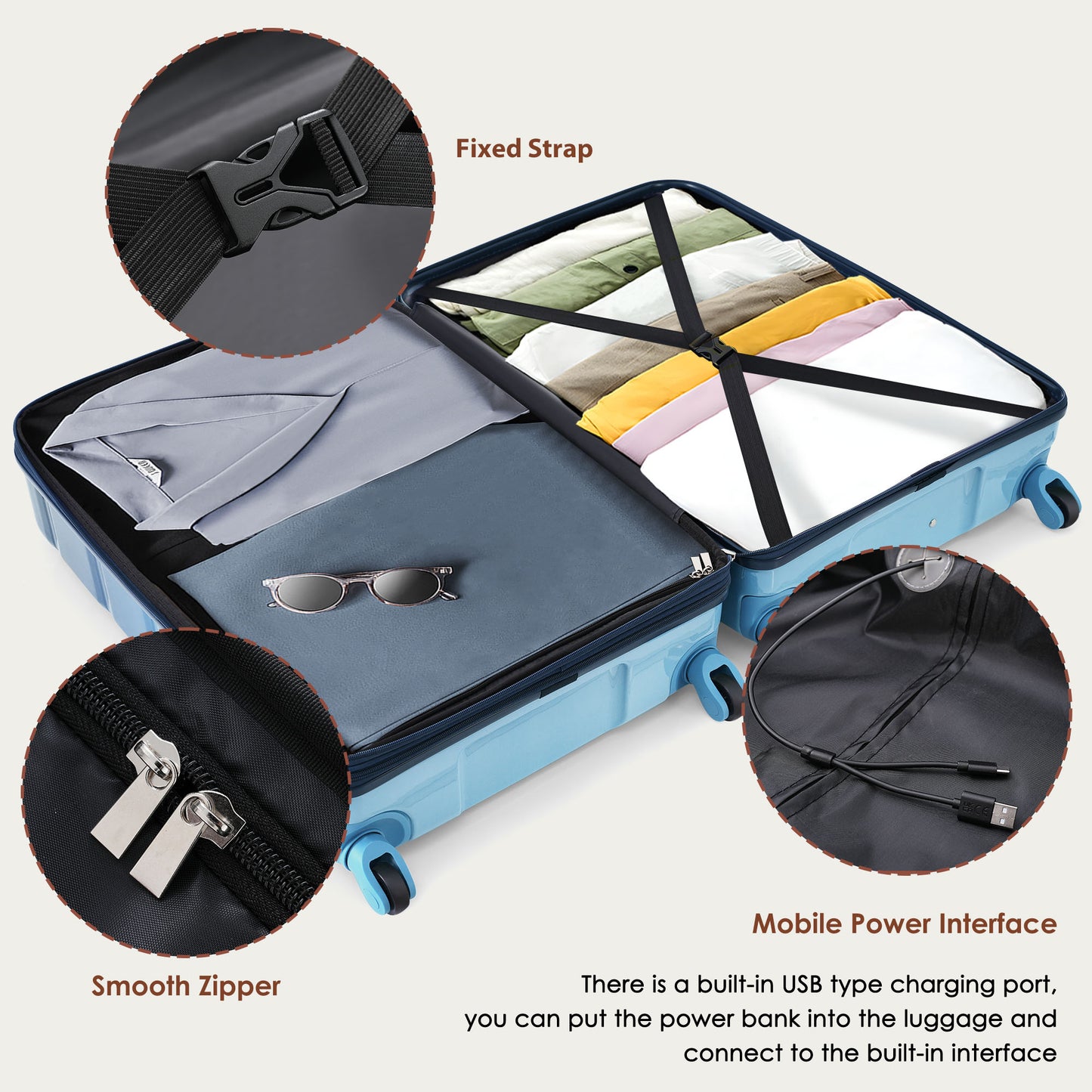 20-Inch Carry-On Luggage Set with USB Port - Gradient Blue