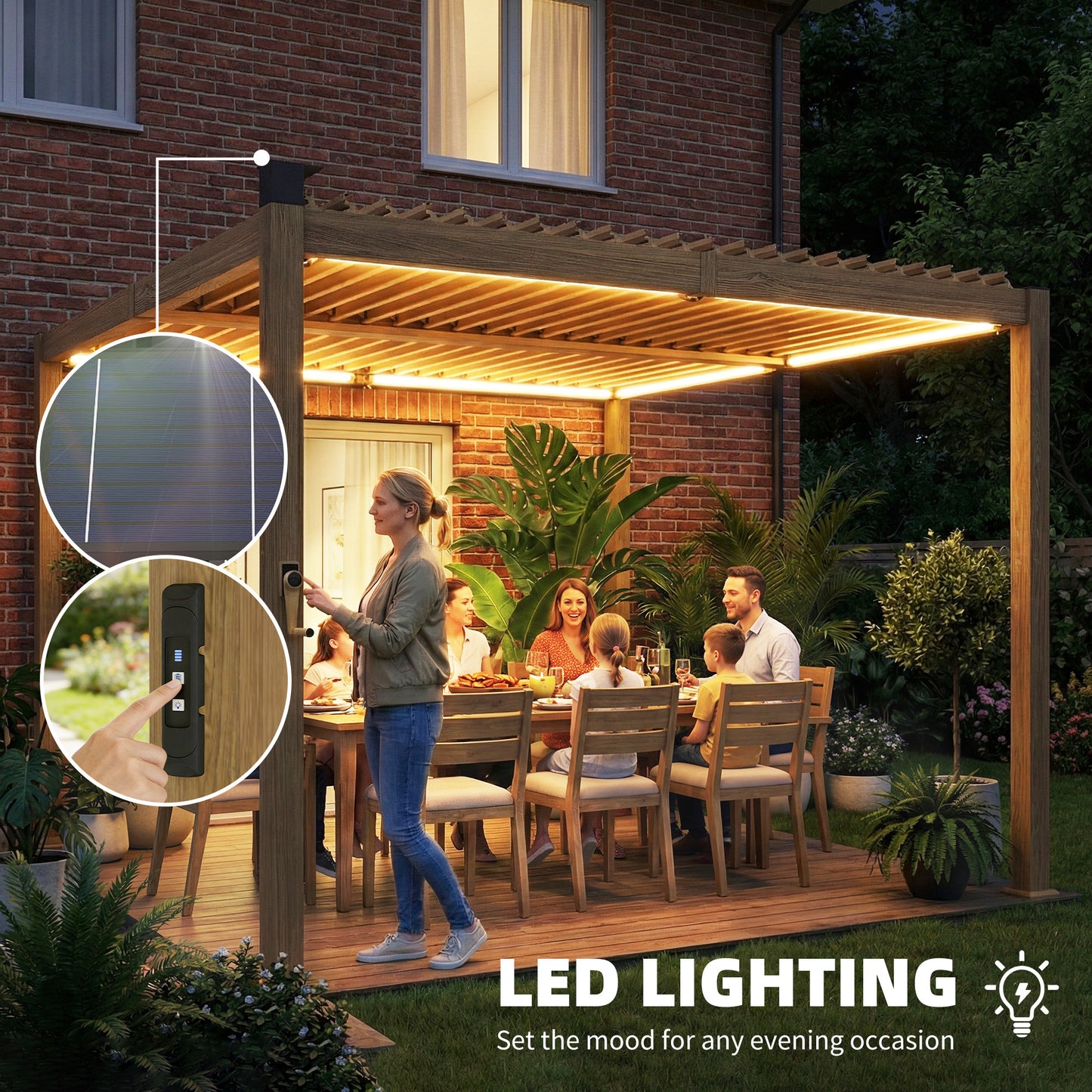 10x10 Louvered Pergola with Solar LED Lights & Metal Roof - Brown
