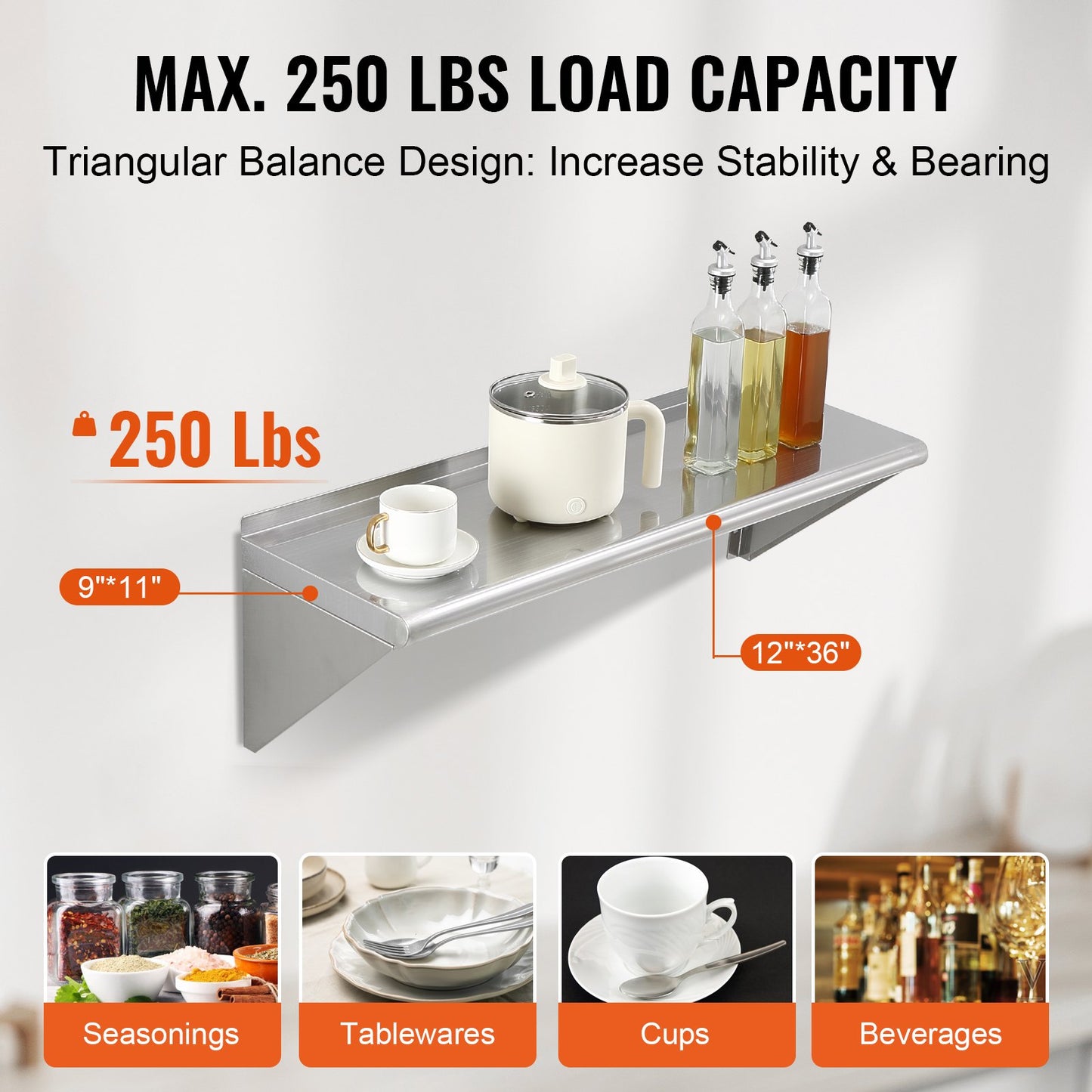 12" x 36" Stainless Steel Wall-Mounted Floating Shelf - 250 Lbs Capacity