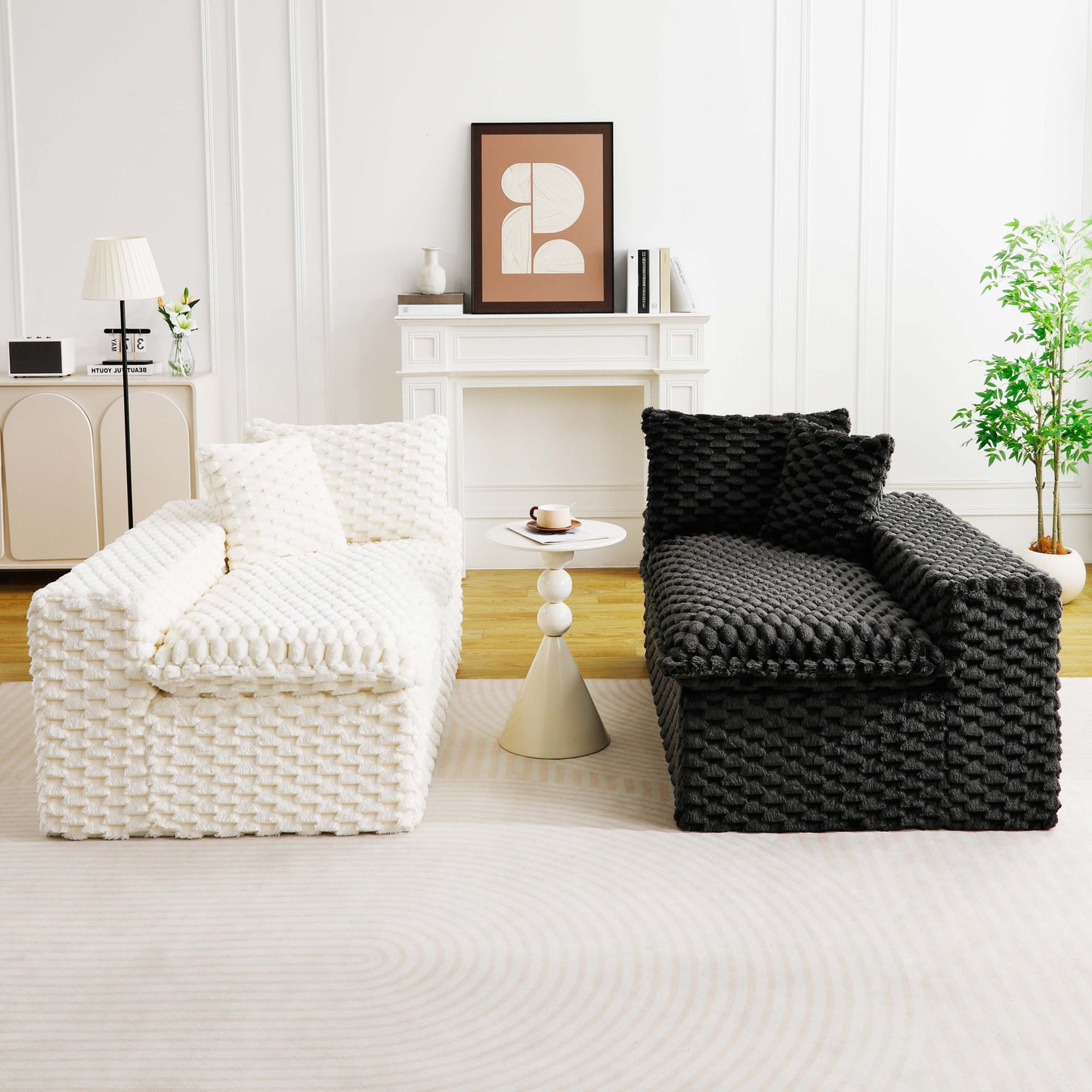 Multifunctional Color-Block Velvet Sofa - 4 Seats, White & Black