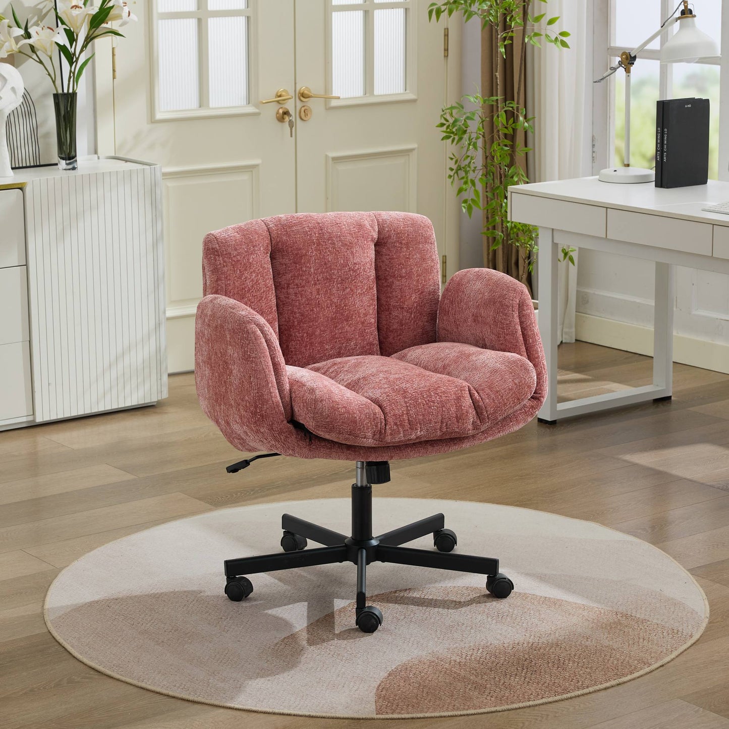Chenille Swivel Office Chair - Adjustable Height & Armrests, Blush Pink
