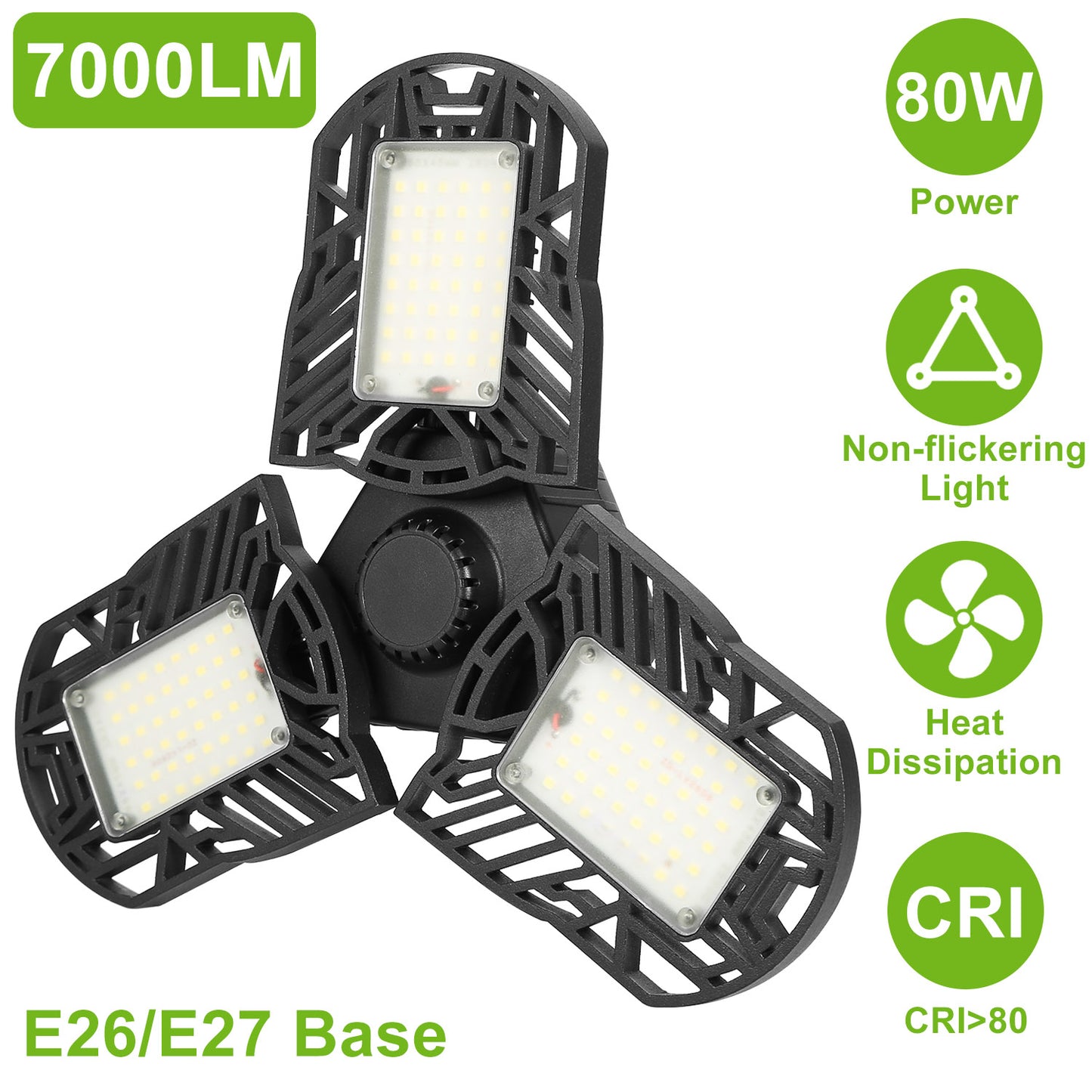 80W LED Garage Ceiling Light with 7000LM & 3 Adjustable Panels - E26/E27 Deformable Workshop Lamp