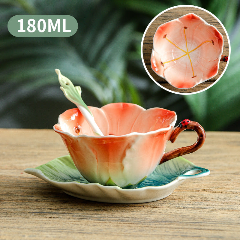 Handmade Enamel Ceramic Coffee Cup with Plate and Spoon - Latte Art Drinkware