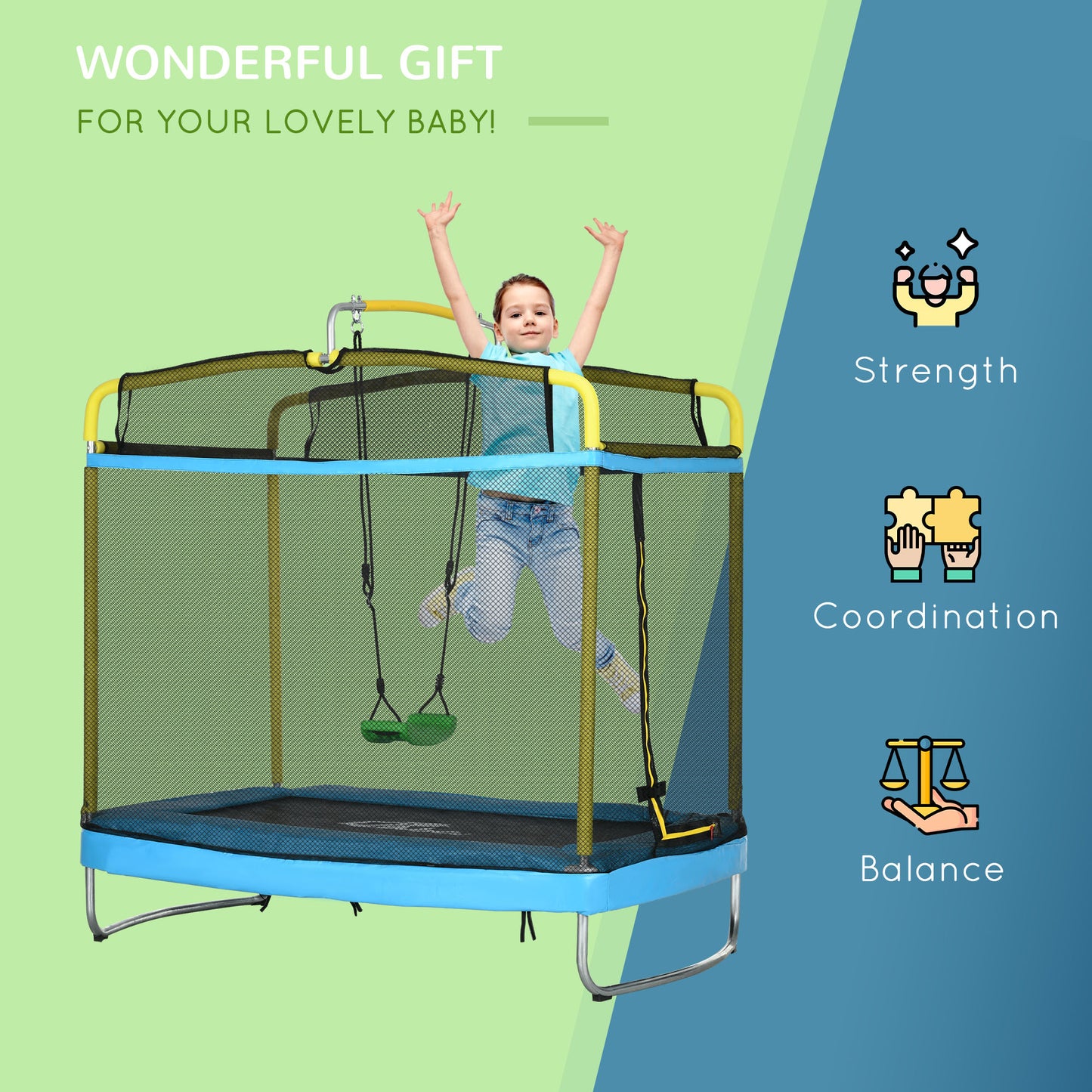 3-in-1 Kids Trampoline with Enclosure - Light Blue