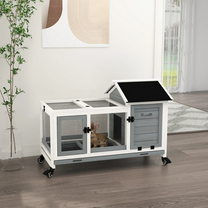 Wooden Rabbit Hutch with Wheels and Run - Small Animal Cage with Slide-Out Tray