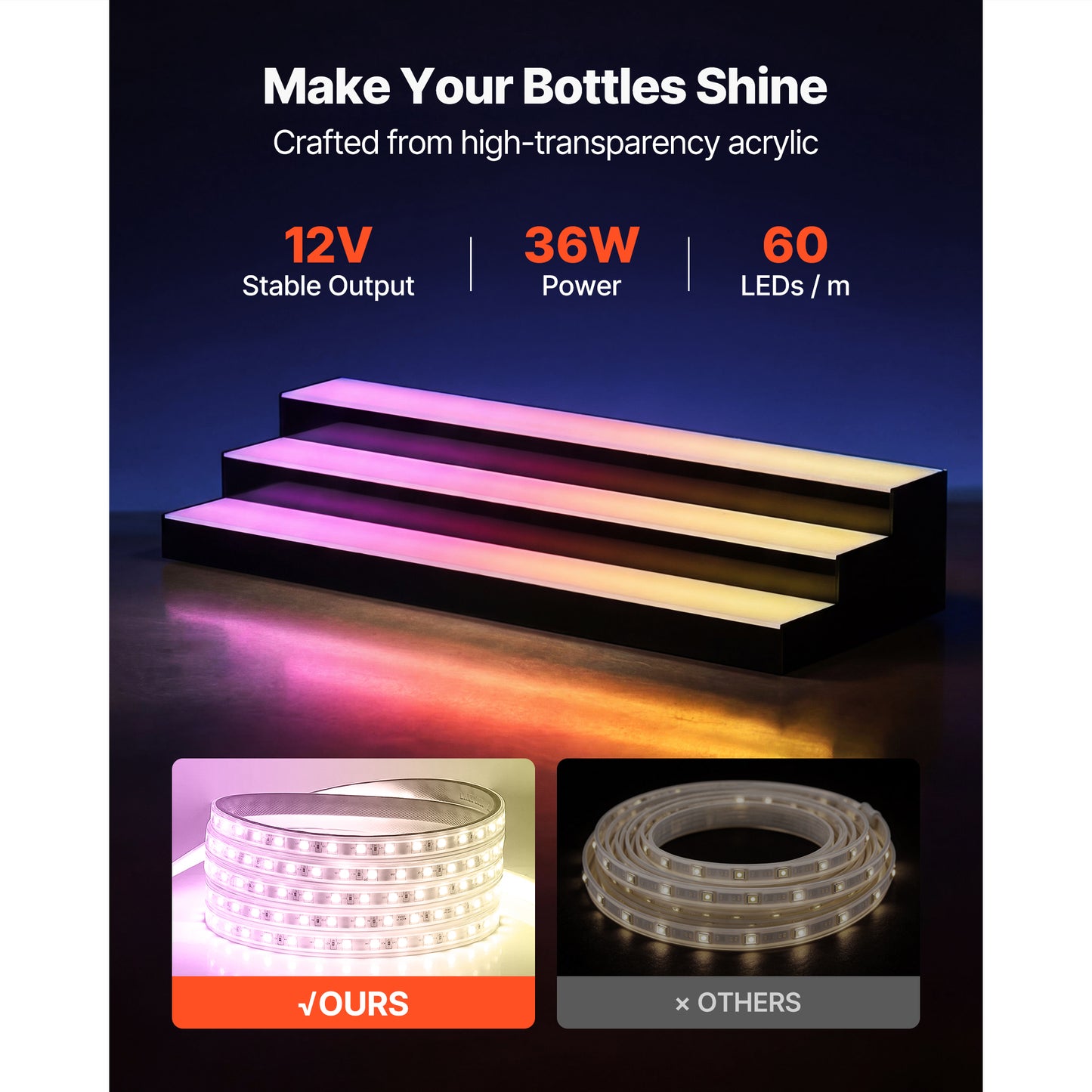 LED Liquor Bottle Display Shelf 3 Tiers 30 Inch Acrylic Illuminated Home Bar