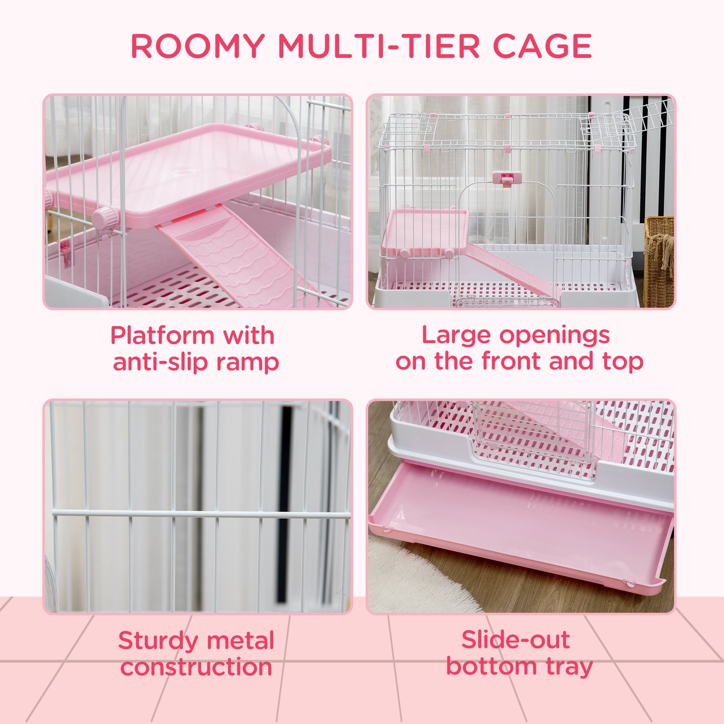 Small Animal Cage with Wheels, Removable Tray & Ramp for Rabbits, Ferrets, Chinchillas - Pink, 864x602x275mm