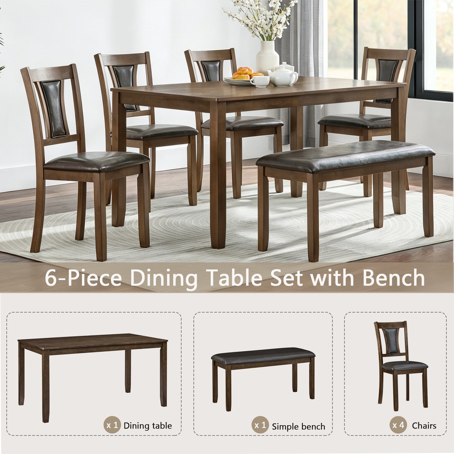 6-Piece Wooden Dining Table Set with Bench & Chairs - Walnut