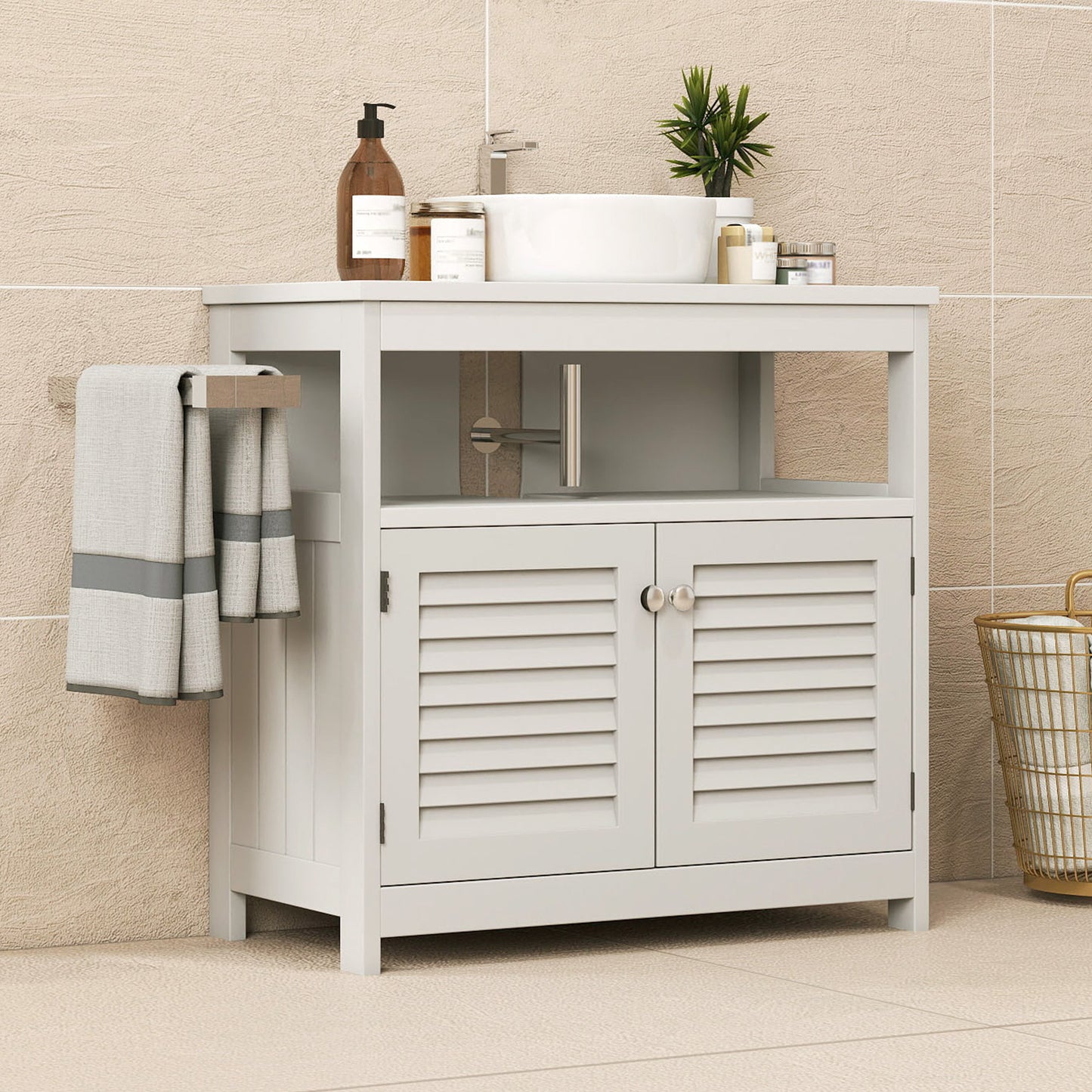 Wall Mounted Sink Storage Cabinet with 2 Doors & Open Shelf, Bathroom Vanity