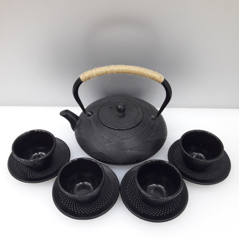 Cast Iron Teapot Set with Cups and Coaster - Handmade Kettle 0.9L