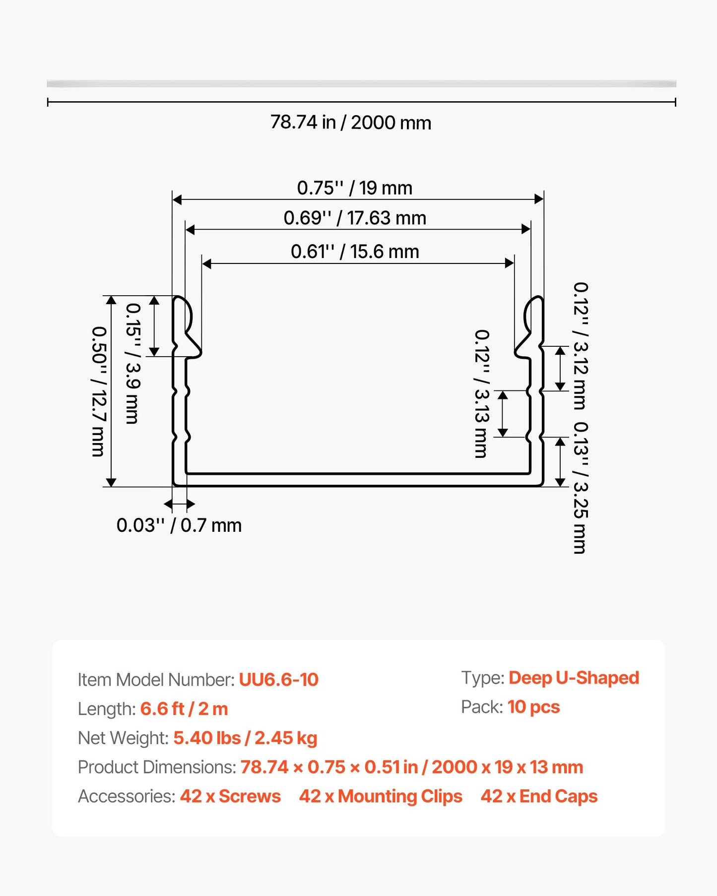 10-Pack 6.6 Ft LED Aluminum Channel U Shape with Milky Cover for Under Cabinet Lighting