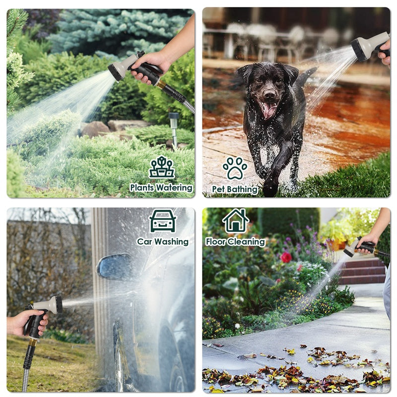 Heavy Duty Stainless Steel Garden Hose 100ft with 10 Spray Patterns & Nozzles