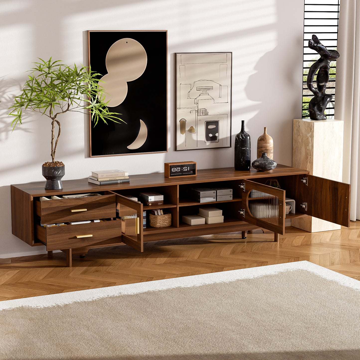 Modern 78-Inch TV Stand for TVs Up to 85" with Glass Doors & Drawers - Walnut