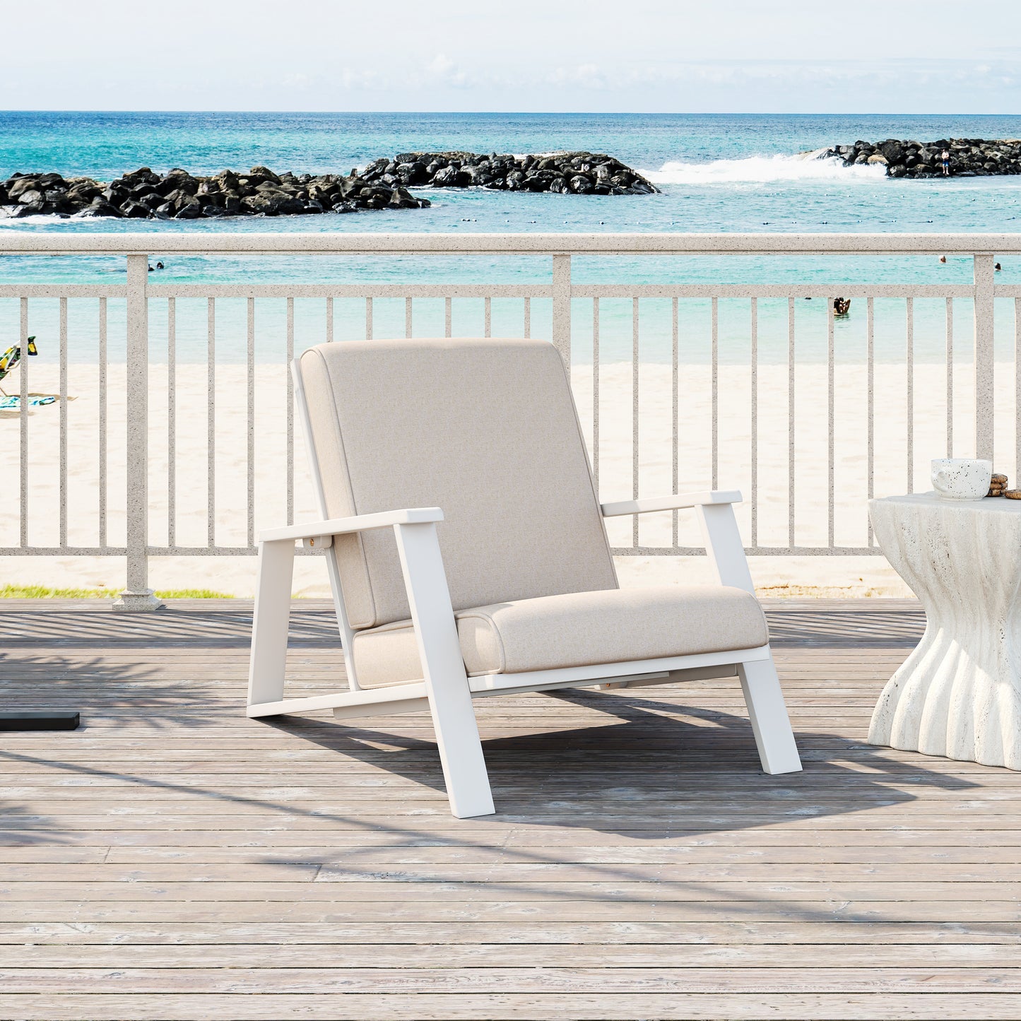 Outdoor Club Chair with Beige Cushion & Acacia Wood Frame