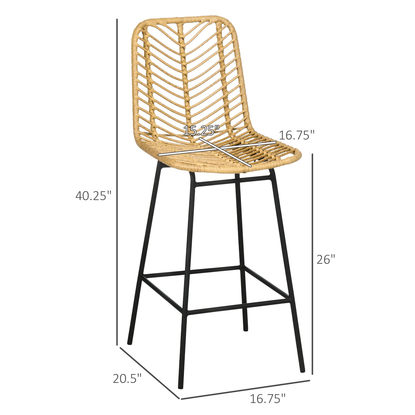 Set of 4 Yellow Rattan Bar Stools with Steel Legs & Footrest