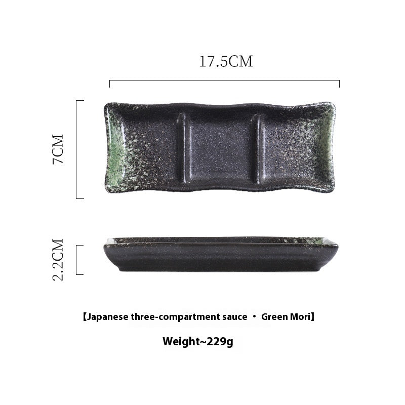 Rectangular Ceramic Sauce Dish with Three Grid Sections - Japanese Style Kitchenware