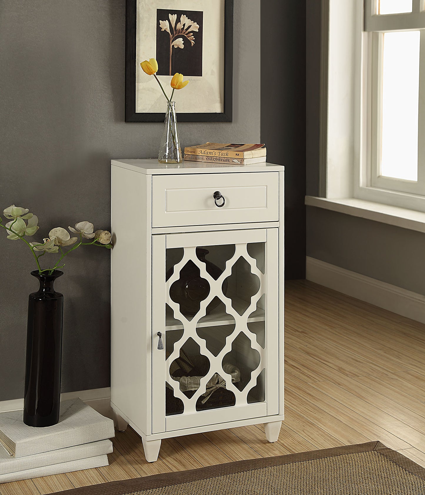 Ceara White Accent Table with Glass Door & Drawer