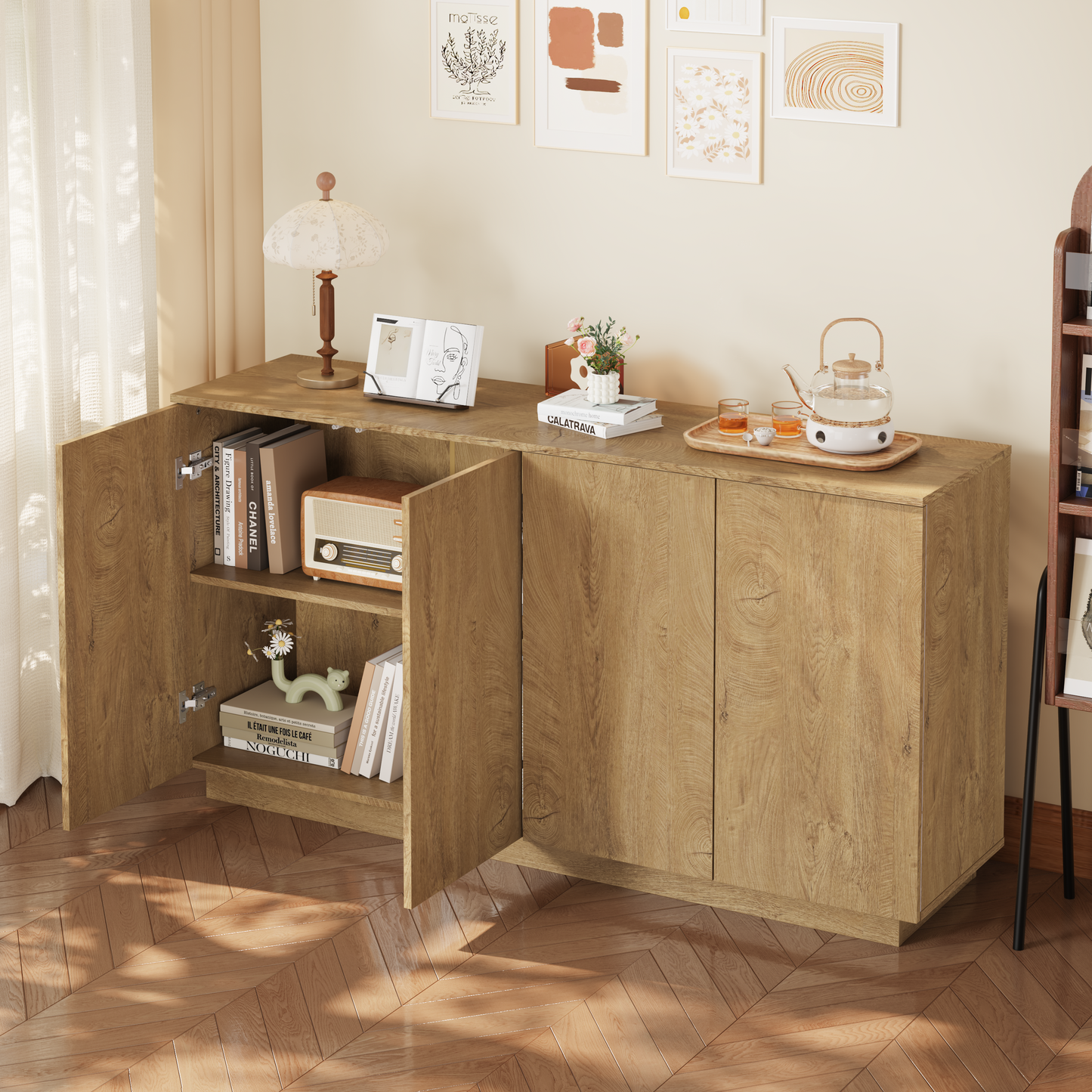 Natural Wood Sideboard Buffet Cabinet with 4 Doors & Adjustable Shelves