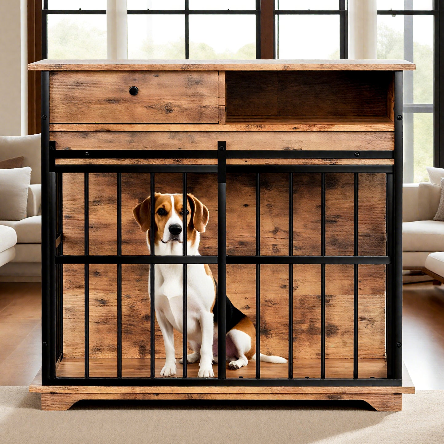 Wooden Dog Crate Furniture with Tray for Medium Large Dogs - Walnut Black
