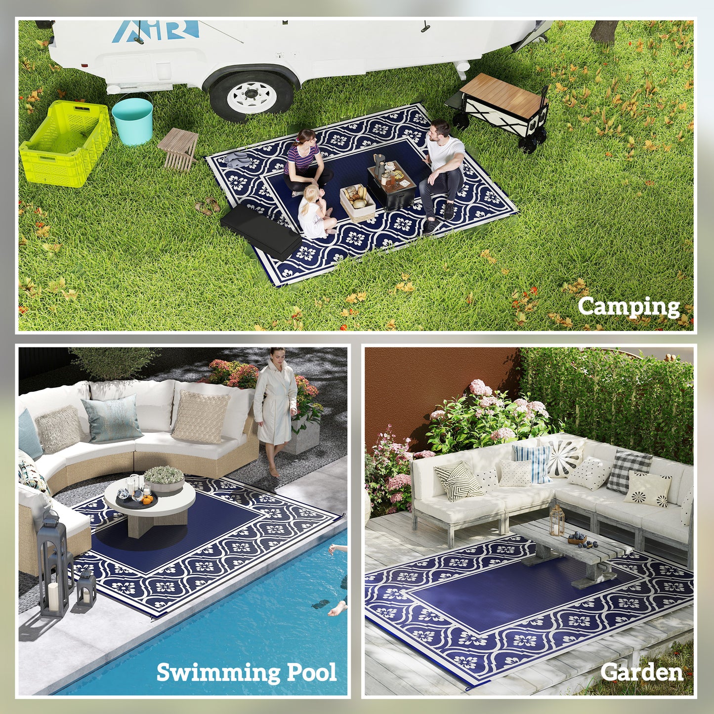 Reversible Waterproof Outdoor Rug - 8' x 10', Blue & White Gourd Border