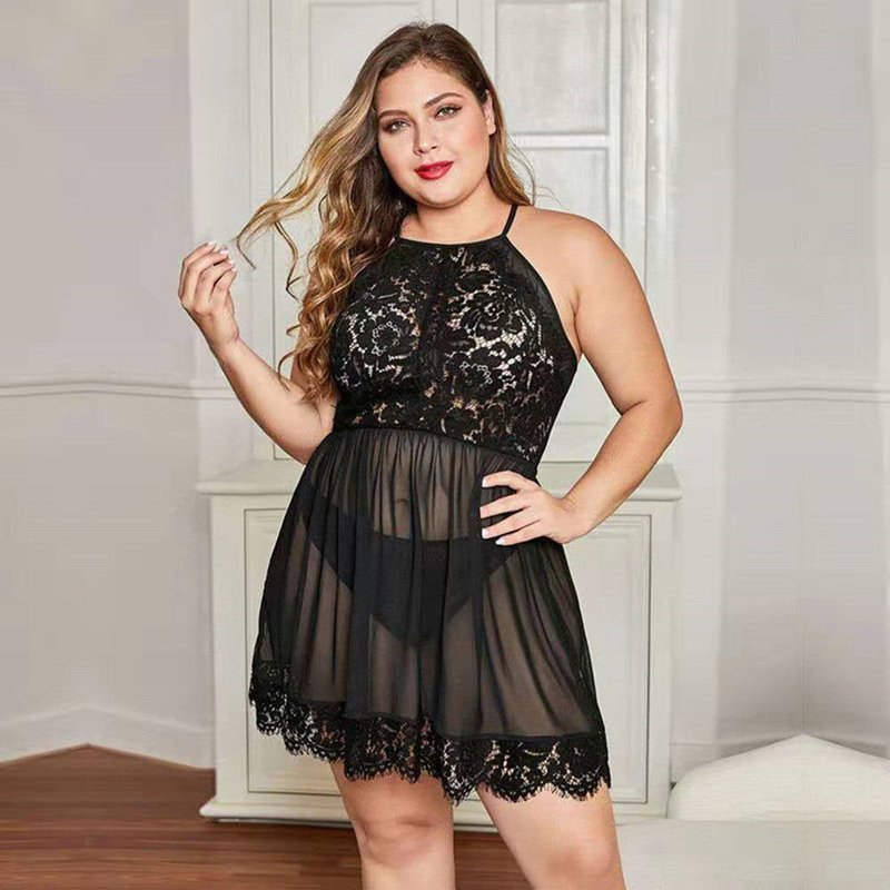 Plus Size Lace Nightdress with Suspender Skirt - Black, Satin Polyester