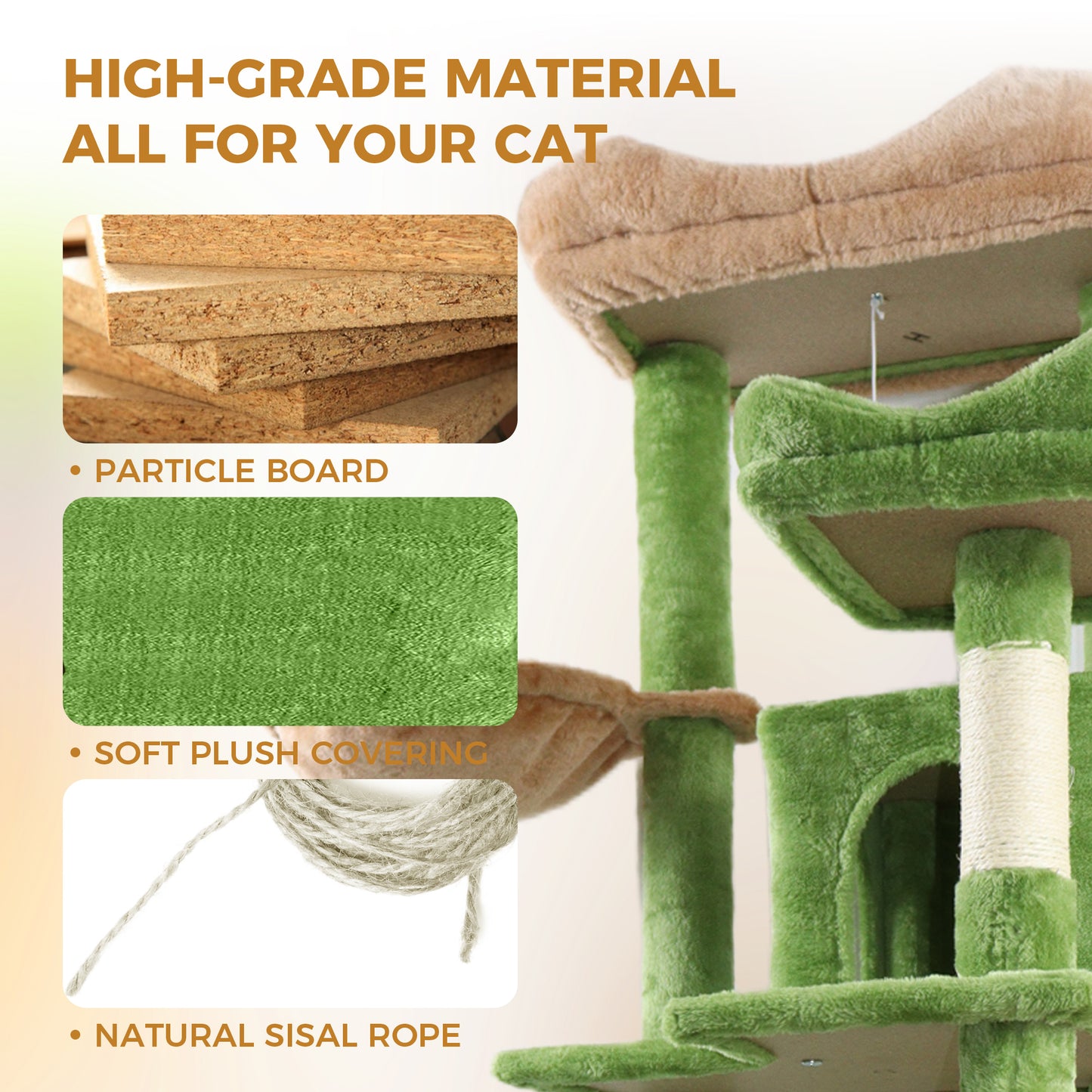 Tall Multi-Level Green Cat Tree with Hammocks and Scratching Posts - Plush Cat Tower for Indoor Cats