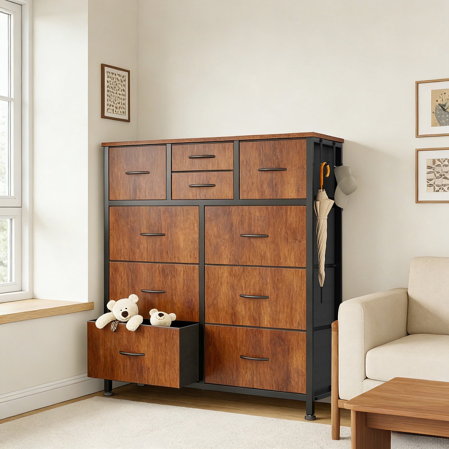 10-Drawer Storage Cabinet with Side Pocket & Hooks - Brown