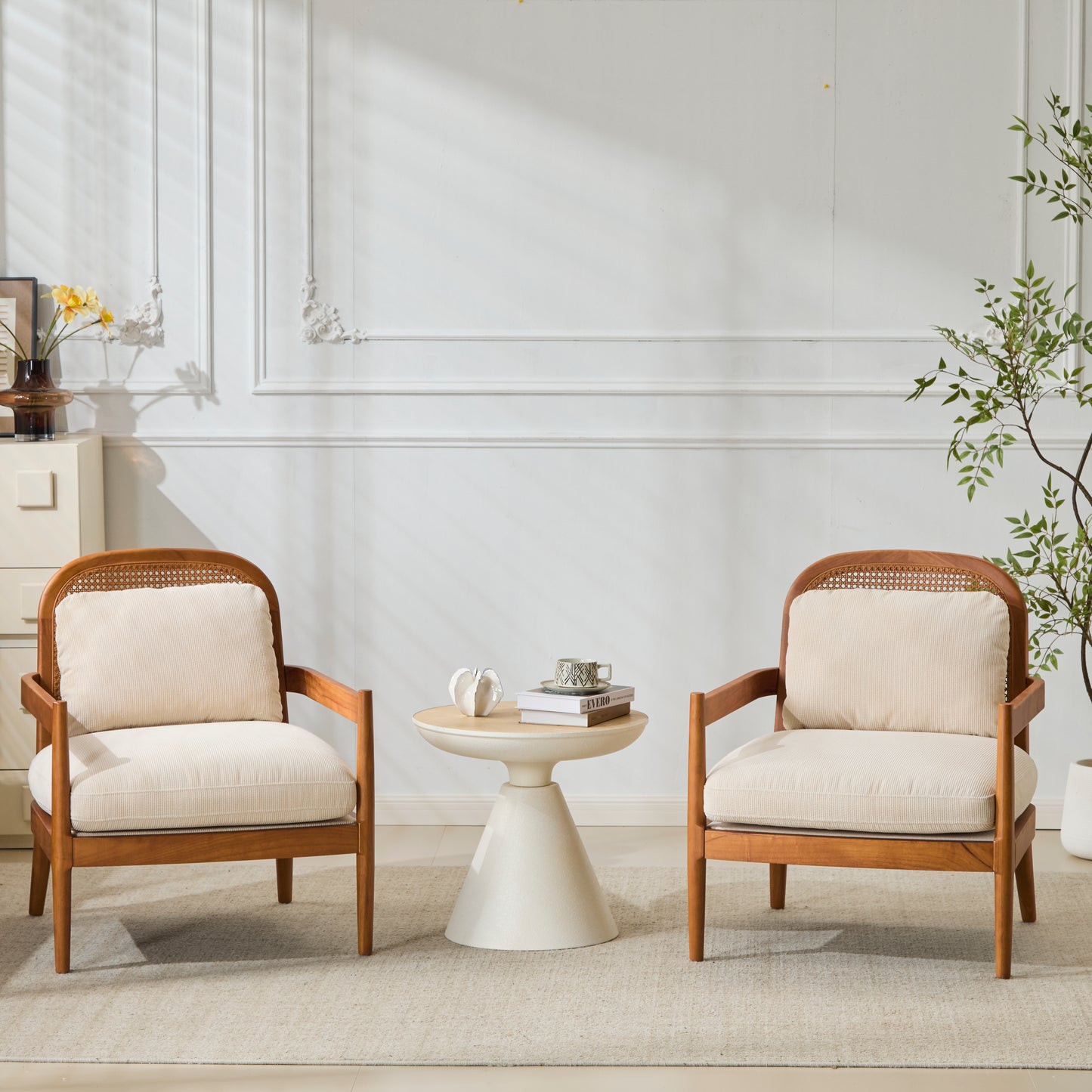 Mid-Century Modern Accent Chair Set - Solid Wood & Rattan, Beige