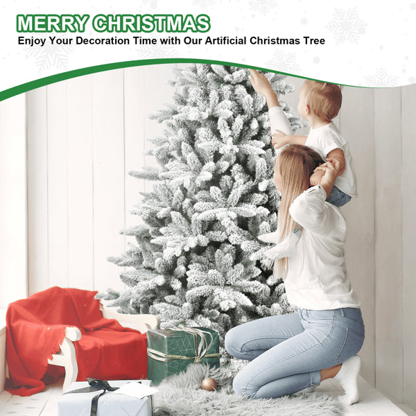 7ft Snowy Flocked Christmas Tree with 1514 Tips - Full Artificial Holiday Decor