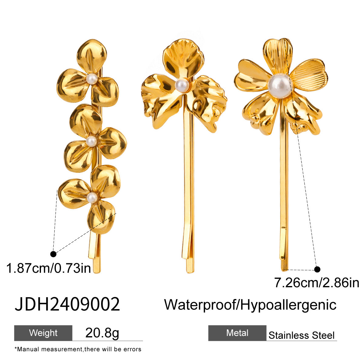 Women's Titanium Steel Barrettes - Pearl Flower Design, 3 Piece Set