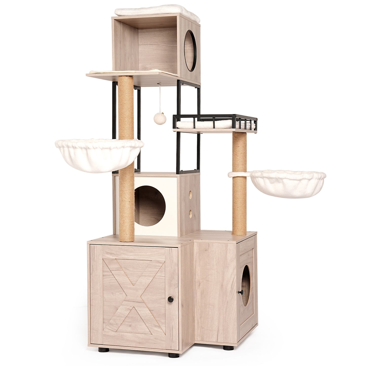 Multi-Functional Cat Tree with Litter Box, Scratching Posts & Washable Cushion - Rustic Gray
