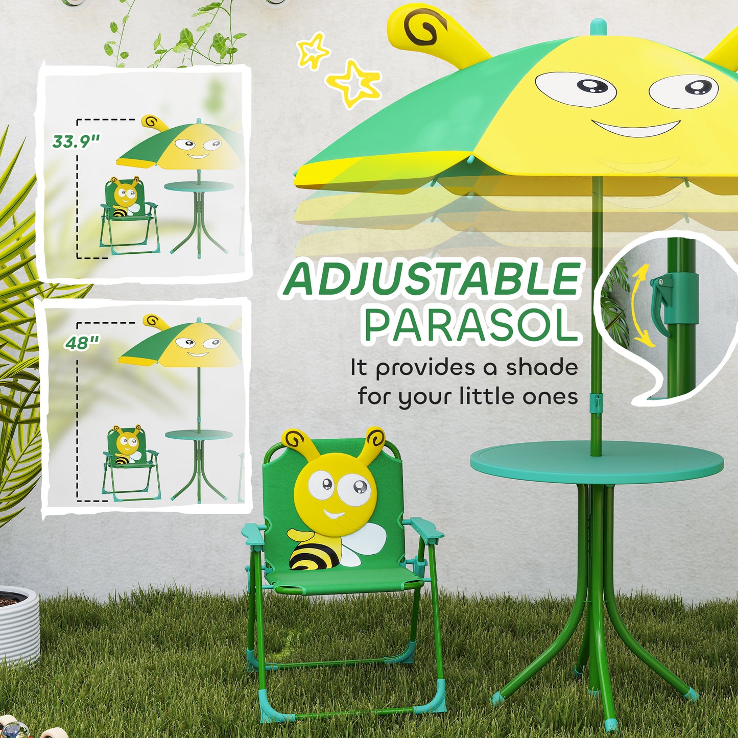 Kids Picnic Table and Chair Set with Adjustable Umbrella - Green