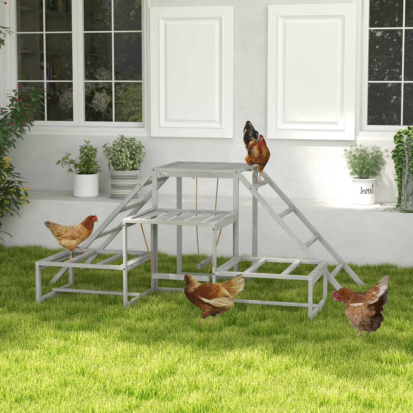 Chicken Roost Toys with Wood Stand and Ladder for 10-15 Chickens