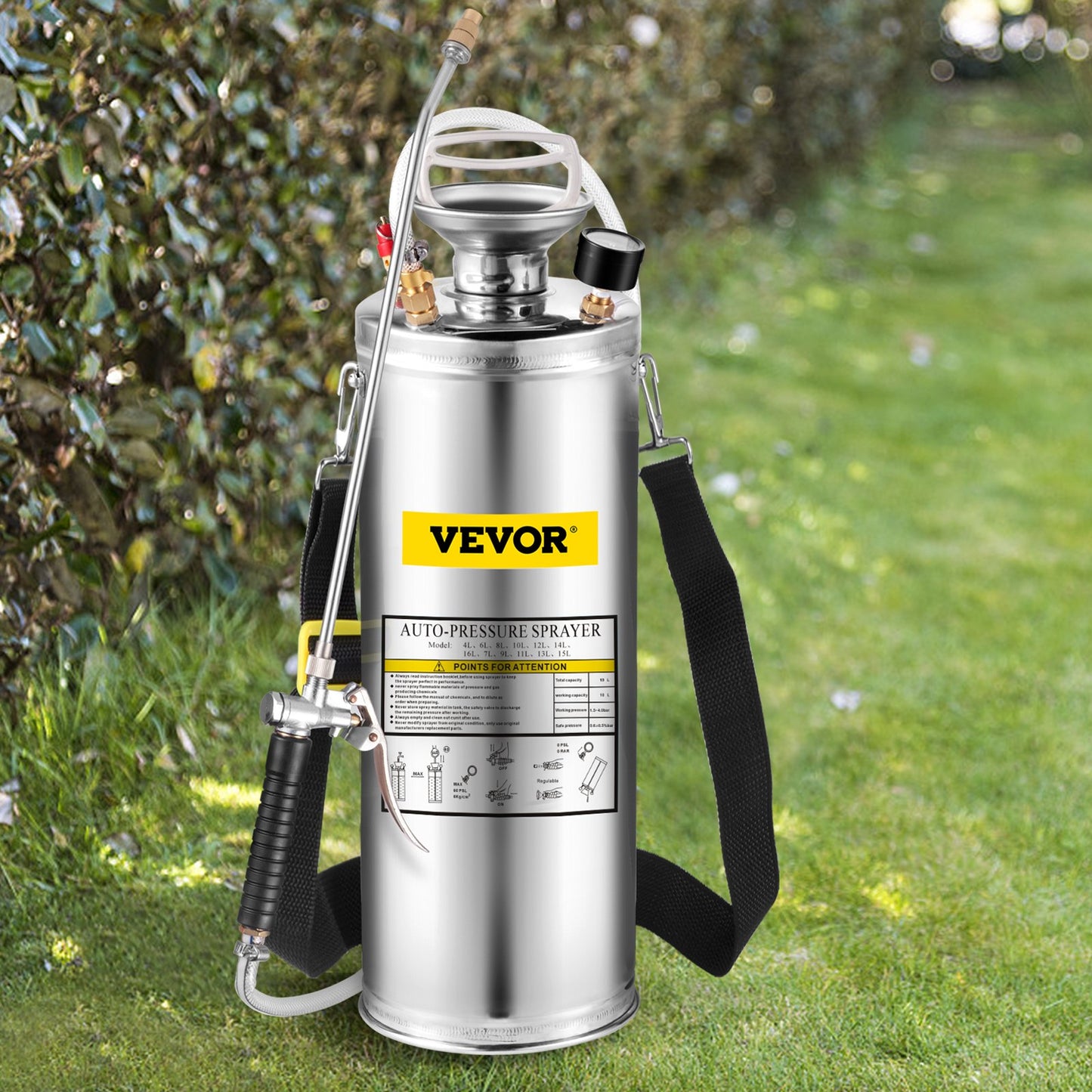 3Gal Stainless Steel Garden Sprayer with Adjustable Nozzle & Pressure Gauge - White