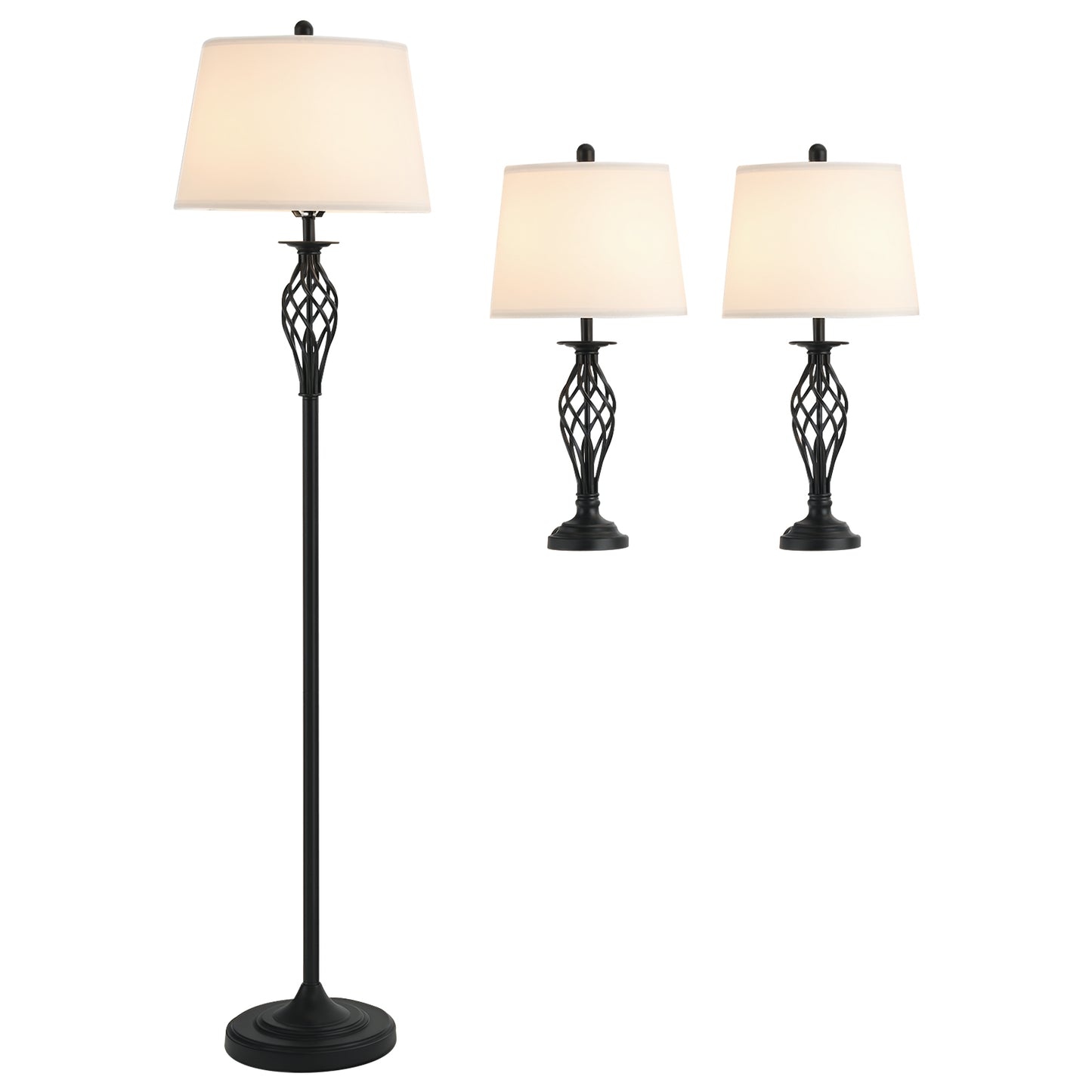 3-Piece Floor and Table Lamp Set with Metal Poles and Fabric Shades for Living Room - Black/White