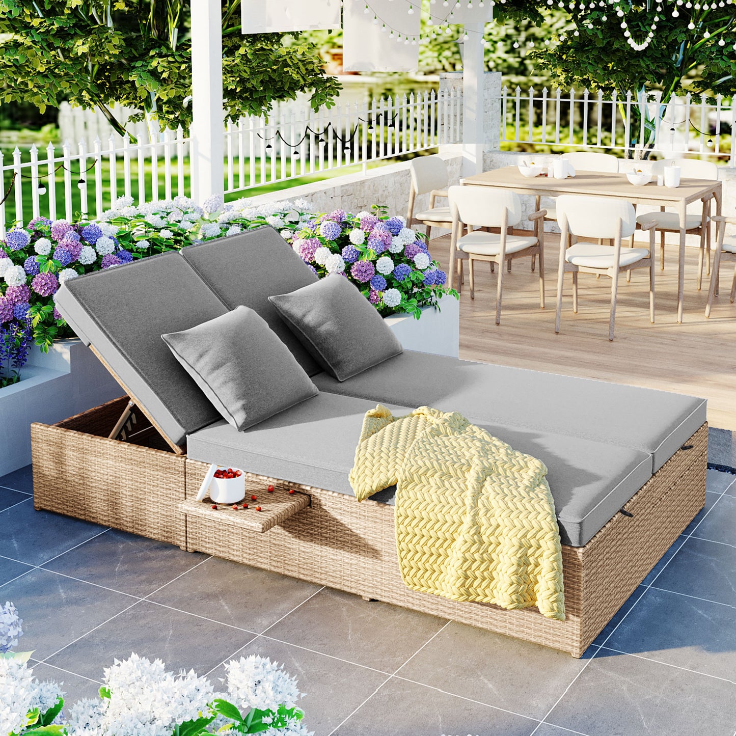 Double Outdoor Sunbed - Wicker Rattan Reclining Chairs for 2, Brown