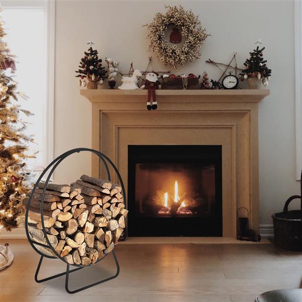 24 Inch Indoor Outdoor Wrought Iron Firewood Log Rack - Black Steel Stand