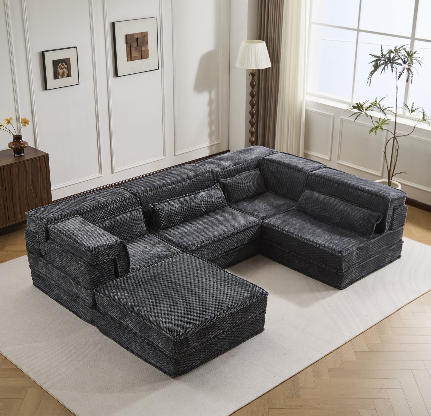 Oversized Modular Sectional Sofa Bed with Ottoman - Dark Grey
