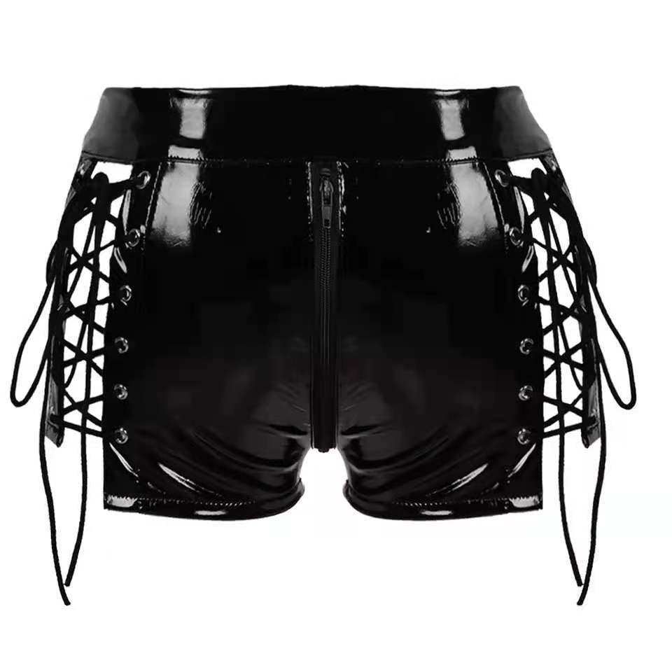 Women's High Shine PVC Patent Leather Zip Shorts - Black, Multiple Sizes