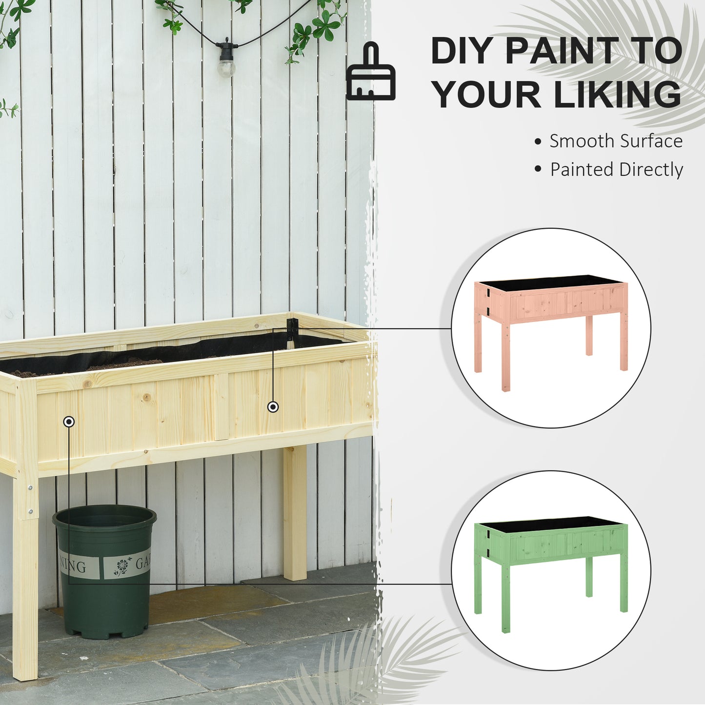 Foldable Wooden Raised Garden Bed with Drainage Holes & Inner Liner - Natural Fir Wood, 1195x150x400 mm