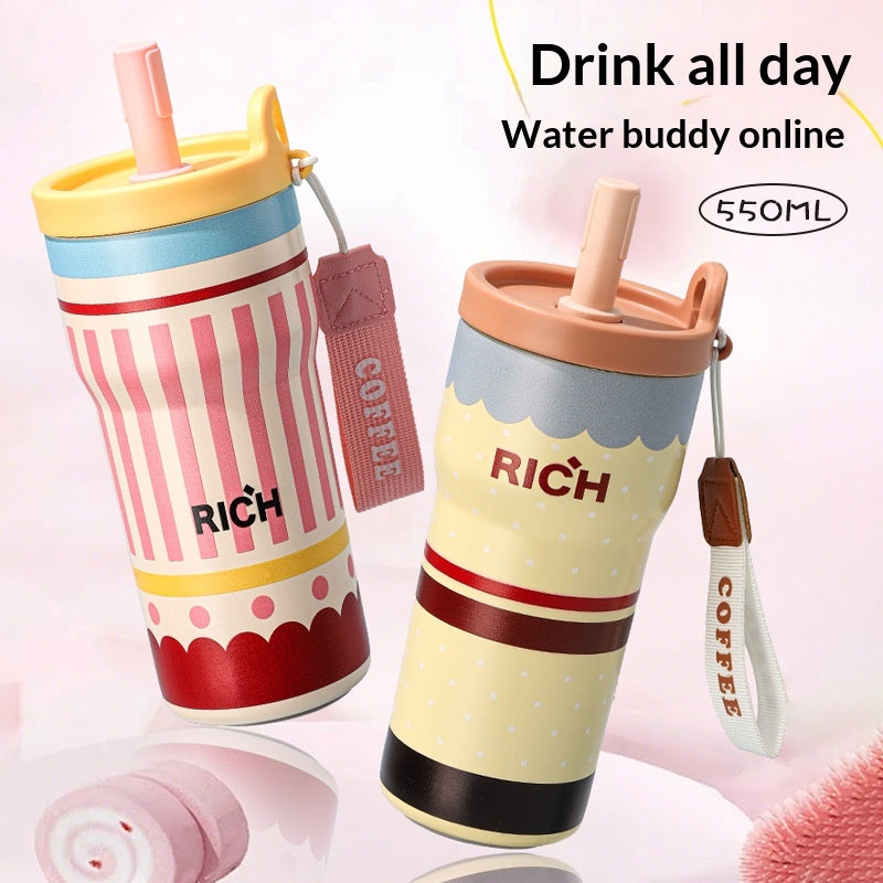 Insulated Stainless Steel Travel Mug with Straw - Large Capacity Coffee Cup